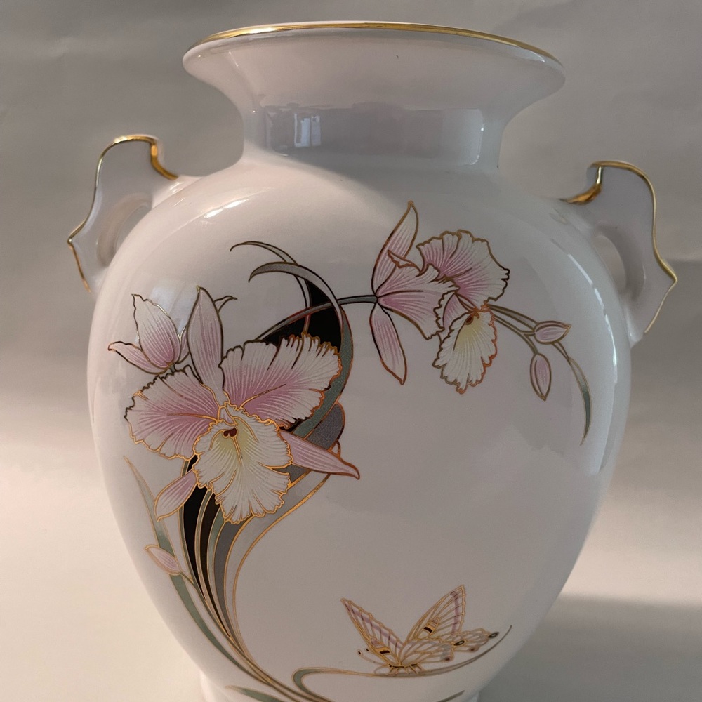 Vintage Porcelain Vase Japanese Fine China orchid butterfly design gold trim
